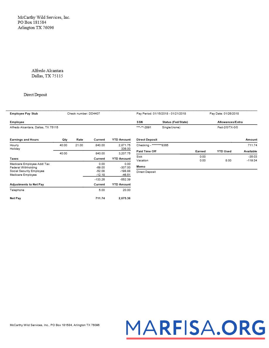 Printable McCarthy Wild Services, Inc․ pay stubs sample